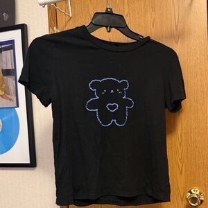 SHEIN Black Short-Sleeve Tee with Blue-Outlined Bear Graphic
